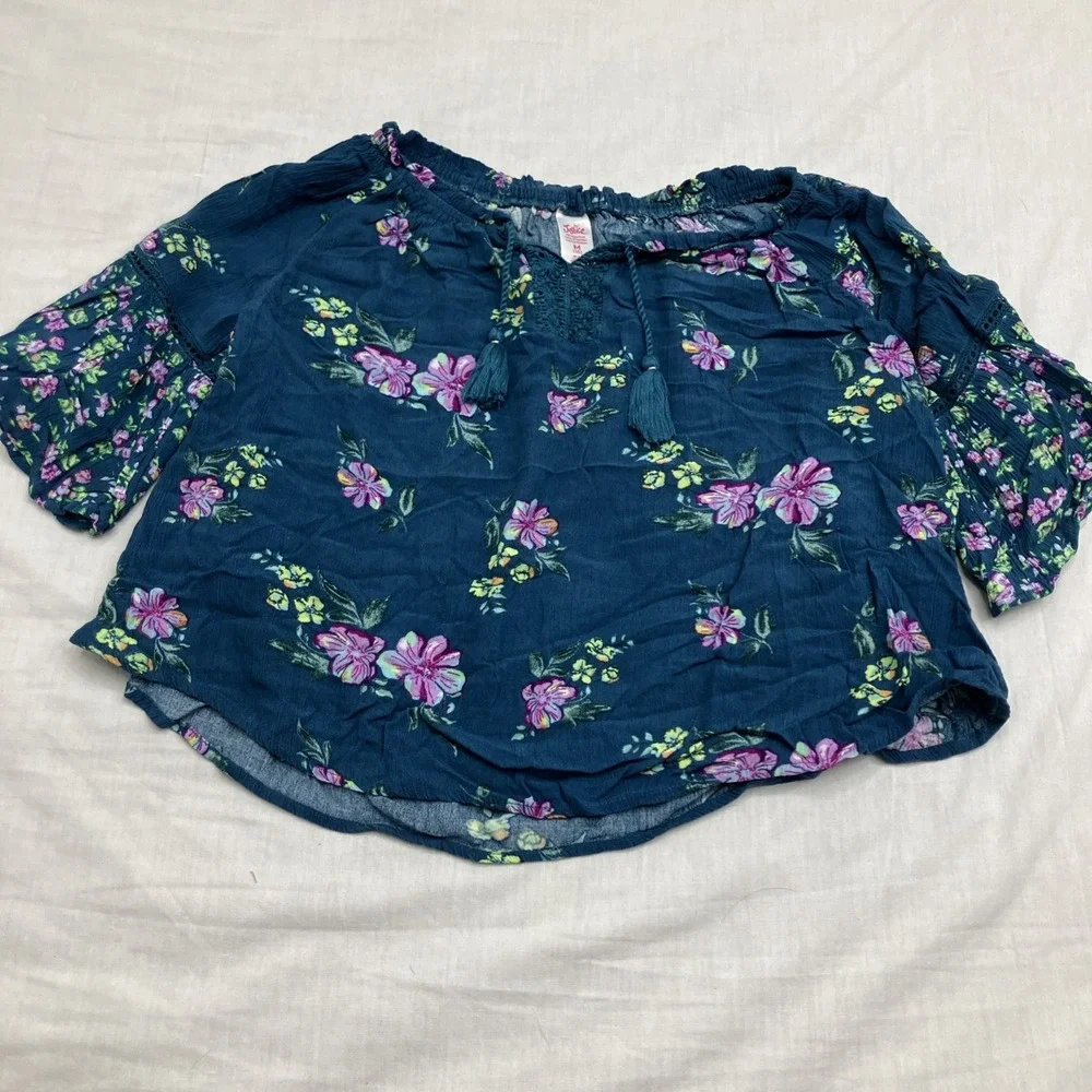 Justice Shirt Girls M/10 Teal Floral Long Sleeve Crochet Peasant Top Boho